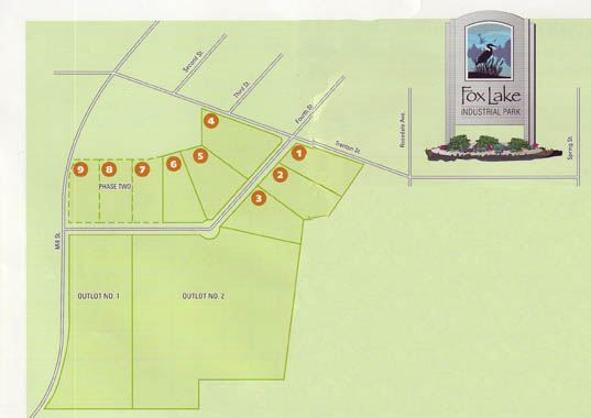A map of lots within the Fox Lake Industrial Park